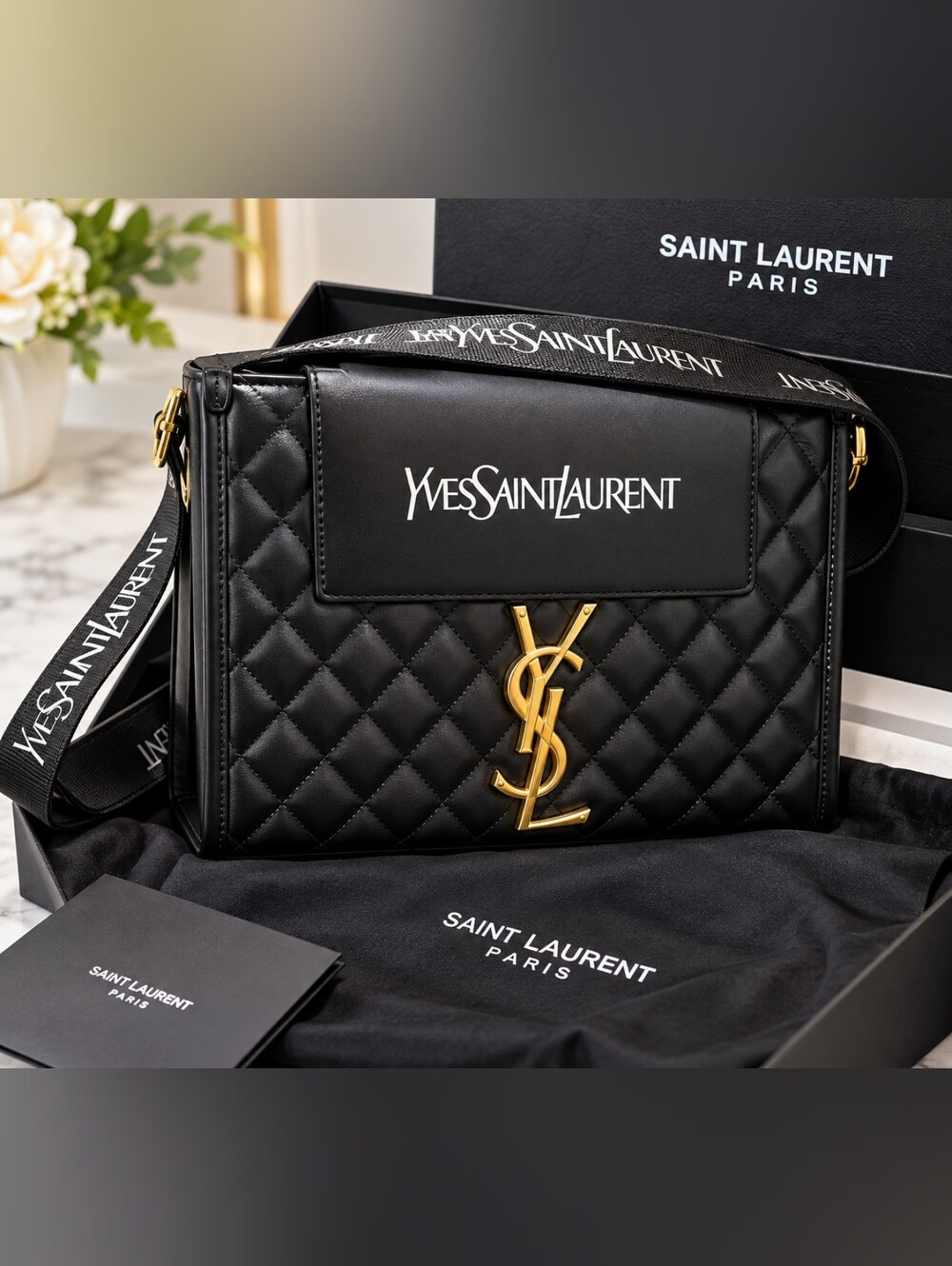 Yves Saint Laurent Black Quilted Leather Crossbody with Gold YSL Emblem